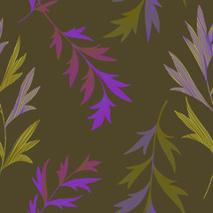 Fototapeta na wymiar Vector botanical seamless pattern. Stems with textured leaves. Simple nature background.