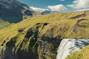 waterfall from above in green iceland