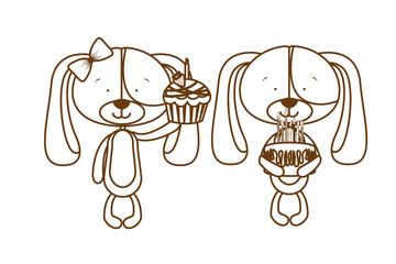 silhouette of cute couple of puppies on white background