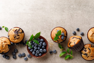 Blueberry muffins with fresh berries, top view