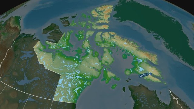 Nunavut - territory of Canada with its capital zoomed on the physical map of the globe. Animation 3D