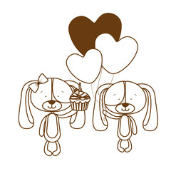 silhouette of cute couple of puppies on white background