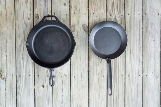 Traditional Cast Iron Vs Carbon Steel Versus Teflon Cooking Options - Copy Space