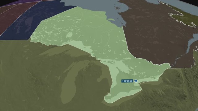 Ontario - province of Canada with its capital zoomed on the administrative map of the globe. Animation 3D