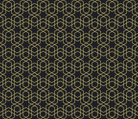 Seamless antique palette black and gold vintage hexagonal stars and zigzag outline pattern vector