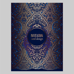 Wedding invitation card with gold and blue shiny eastern and baroque rich foliage. Ornate brocade background for your design. Intricate design template