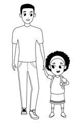 Family single parent with children cartoon in black and white