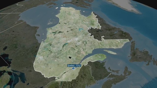 Qu&eacute;bec - province of Canada with its capital zoomed on the satellite map of the globe. Animation 3D