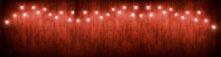 wooden banner background with red lights
