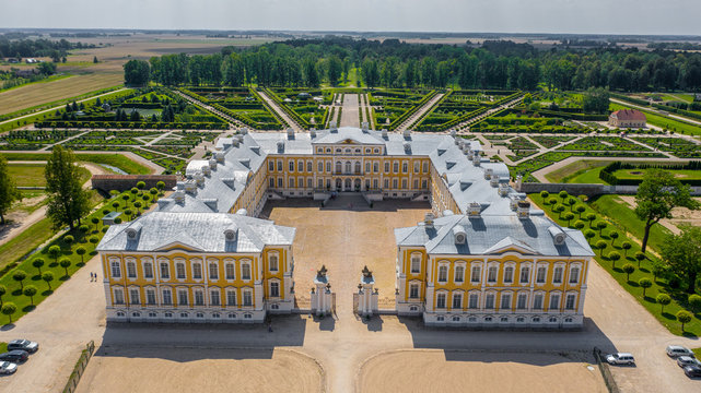 RUNDALE, LATVIA Aerial view, drone photo of Rundale palace and it's gardens, built in 18th Century 