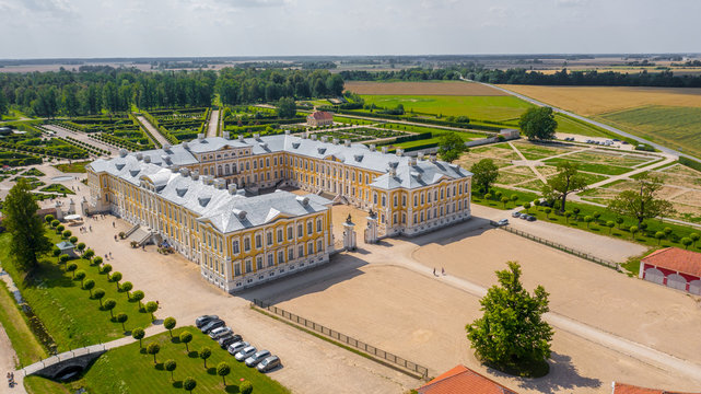 RUNDALE, LATVIA Aerial view, drone photo of Rundale palace and it's gardens, built in 18th Century 