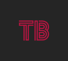 Initial two letter red line shape logo on black vector TB