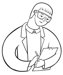 Male researcher holds a clipboard and make notes. Scientist in a white coat and glasses at work. Man conducting an experiment. Vector outline illustration drawings on a white background