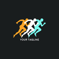Run club logo, design for event, advertising, greeting cards or print.  emblem with abstract running people silhouettes, label for sports club, sport tournament, competition, marathon and healthy life