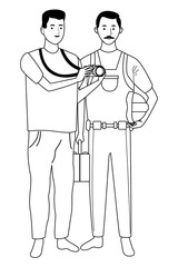 Professionals workers couple smiling cartoons in black and white