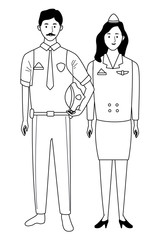 Professionals workers couple smiling cartoons in black and white