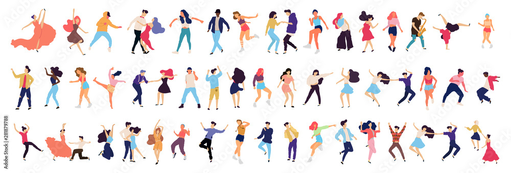 Wall mural Crowd of young people dancing at club. Big set of characters having fun at party. Flat colorful vector illustration. - Vector