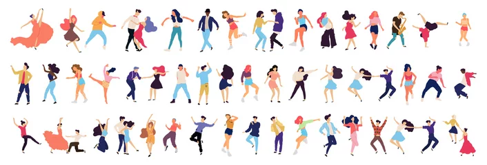 Fotobehang Crowd of young people dancing at club. Big set of characters having fun at party. Flat colorful vector illustration. - Vector © Firangiz