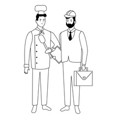 Professionals workers couple smiling cartoons in black and white