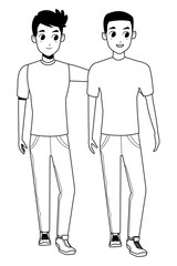 Young couple smiiling and walking cartoon in black and white