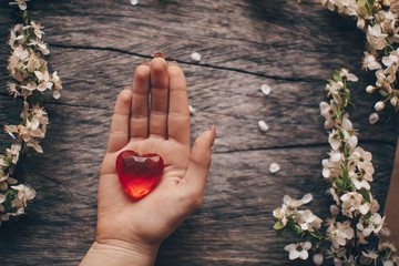 Woman hand red heart. Red heart. Woman hand. Background. Love. Valentine day. 