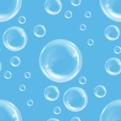 Seamless pattern with realistic transparent floating soap bubbles. Design element for advertising booklet, flyer or poster