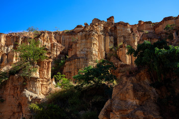 Fototapeta premium Earth Forest of Yuanmou in Yunnan Province, China - Exotic earth and sandstone formations glowing in the sunlight. Naturally formed pillars of rock and clay with unique erosion patterns. China Travel