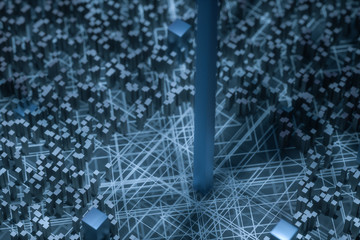 Dark technological lines background with cubes and lines, 3d rendering.