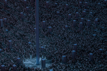 Dark technological lines background with cubes and lines, 3d rendering.