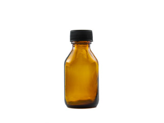 Small bottle on reflective surface with pharmaceutical amber empty glass reflection with black plastic cap for aromatherapy or mockup on white background