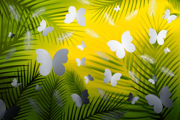 Fototapeta na wymiar Tropical background with feathers and butterflies on neon yellow and green background. 3d illustration.