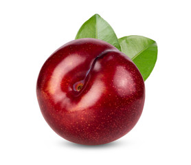red cherry plum with leaf isolated on white background. full depth of field