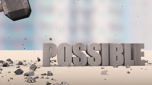 Sledgehammer smashing solid concrete impossible 3D construction sign cracked crushing into particles change to possible, on table in office with building background, 3D illustration animation.