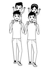 Family young parents with children cartoon in black and white