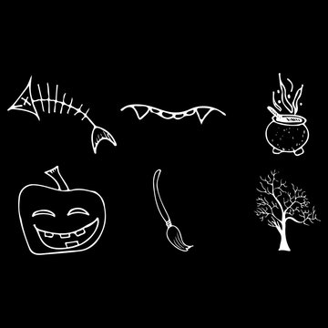 Halloween doodle set isolated on black background. Cartoon set with black Halloween doodle elements. Outline symbol collection. Hand drawn sketch magician collection