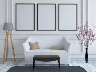 Living room interior wall mock up with white sofa,and cherry branch ,3D rendering,3D illustration