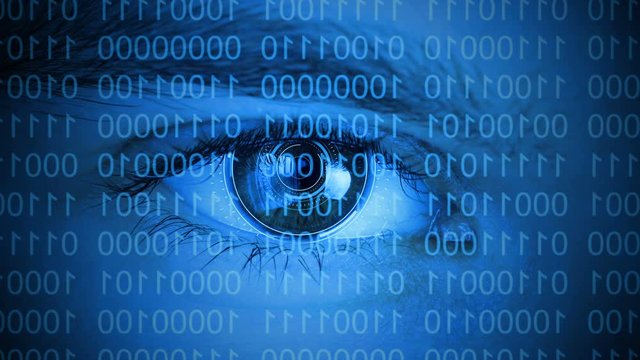 Human eye with futuristic vision system looking at the source program code. Concept for hacking and computer piracy, control and protection.