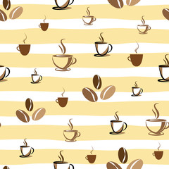 Coffee and beans seamless pattern on yellow striped background