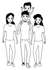 Family young parents with children cartoon in black and white