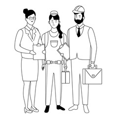 Professionals workers characters smiling cartoons in black and white