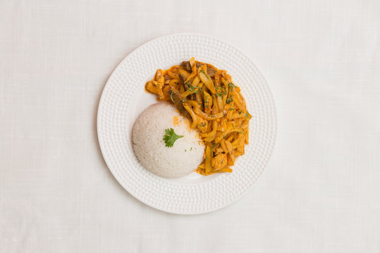 Delicious dish of Peruvian food "olluco" on white textured background