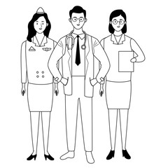 Professionals workers characters smiling cartoons in black and white