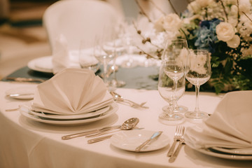 Business Conference Meeting Event and Dinner. Luxury room selective focus blur.