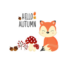 Vector autumn background with cute little fox.