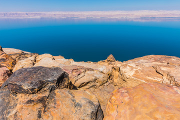 Fototapeta na wymiar Views of the Dead Sea coast near the Panorama Dead Sea Complex in Jordan. 