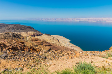 Views of the Dead Sea coast near the Panorama Dead Sea Complex in Jordan. 