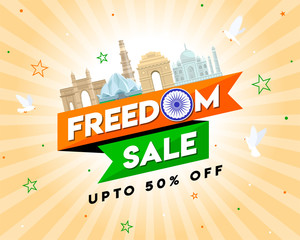 Freedom Sale on Independence Day of India, Concept, Template, Banner, Logo Design, Icon, Poster, Unit, Label, Web Header, Mnemonic with famous monument of India and Ashok Chakra on festive background.