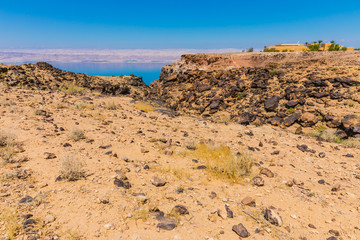 View from the Zara trail, near the Panorama Dead Sea Complex in Jordan. Zara Cliff Walk offers stunning views of the Dead Sea coast.