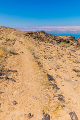 View from the Zara trail, near the Panorama Dead Sea Complex in Jordan. Zara Cliff Walk offers stunning views of the Dead Sea coast.