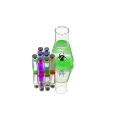 Flasks of biohazard substance isolated on white background. Poison, danger symbol. Chemical experiment. Medical illustration. Biohazard icon. Scientific research, medical technology